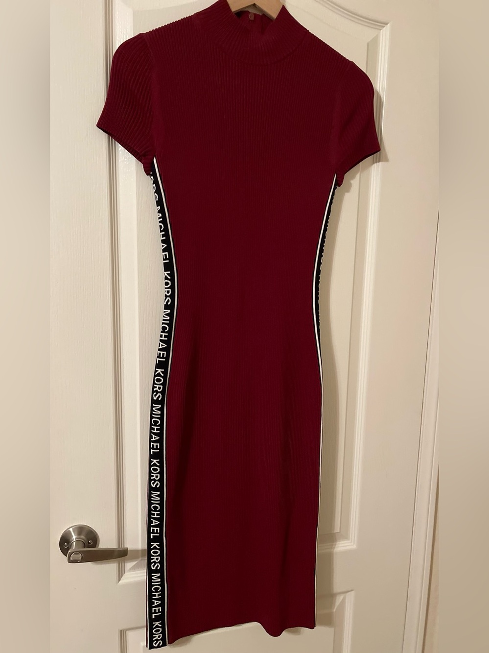 MICHAEL Michael Kors Burgundy Ribbed Midi Dress with Black Logo Side Stripe